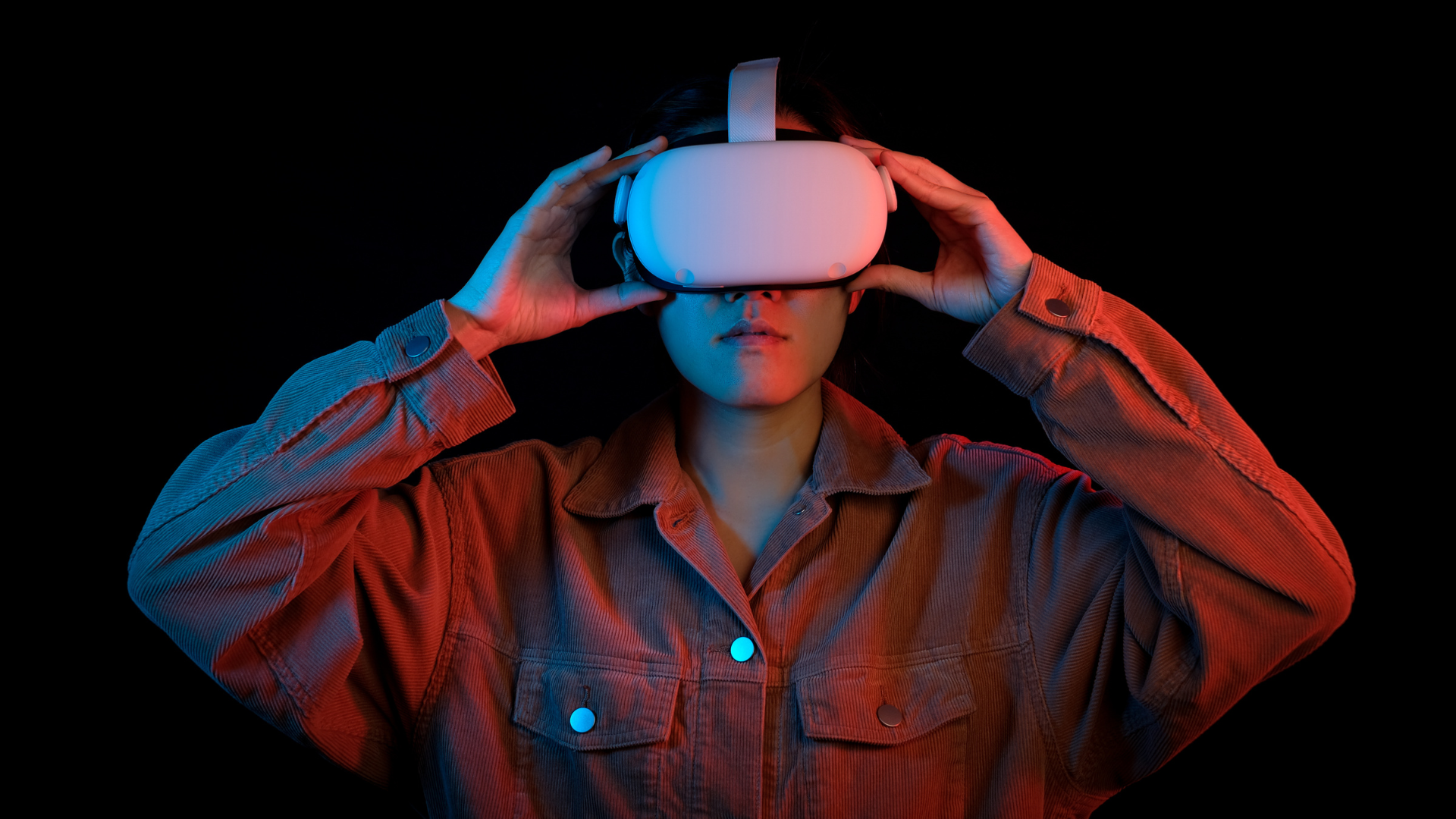 Person wearing a VR headset, symbolizing digital innovation in fashion.